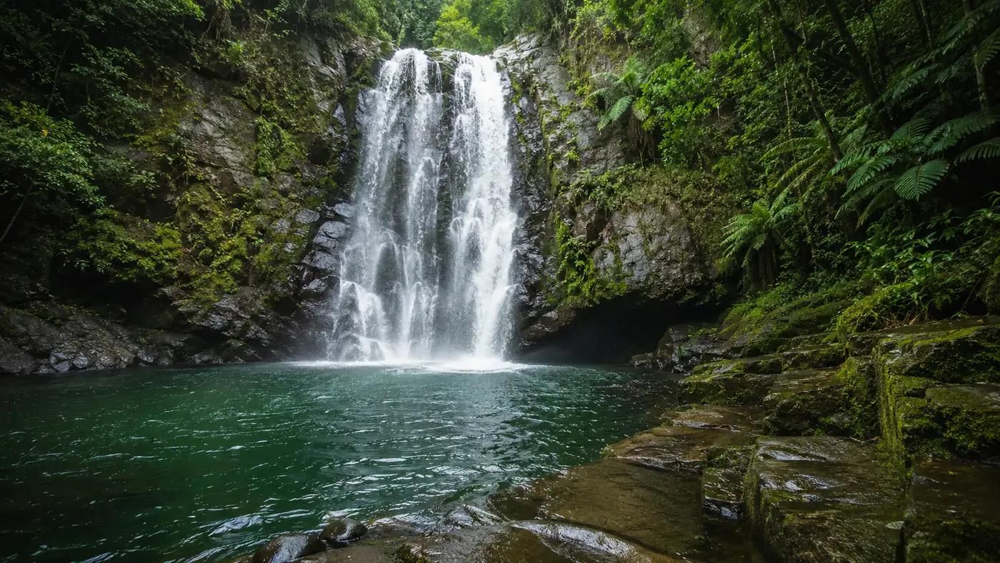 The lower fall and the pool it lands in, which goes dark where it passes twenty feet.