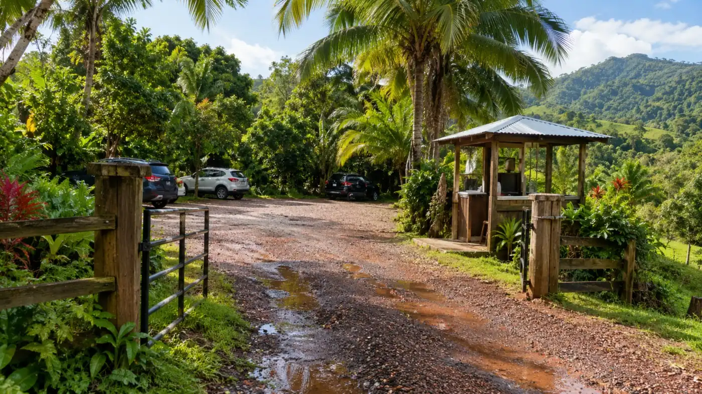 The gate and the parking clearing. The $10 is cash, per vehicle, once for the day.